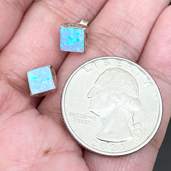 925 Sterling Silver Blue Opal Square Small Stud Earrings - Picture 2 of 11